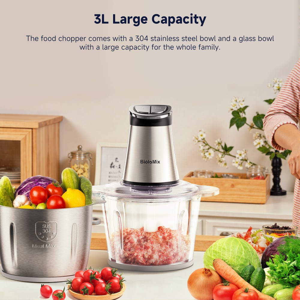 Hachoir &eacute;lectrique BioloMix Mini, moteur puissant de 300 W, deux bols de 3 L, minuterie LED, acier inoxydable et verre, utilisation mains libres et compatible lave-vaisselle, hachoir et pur&eacute;e multifonctionnels