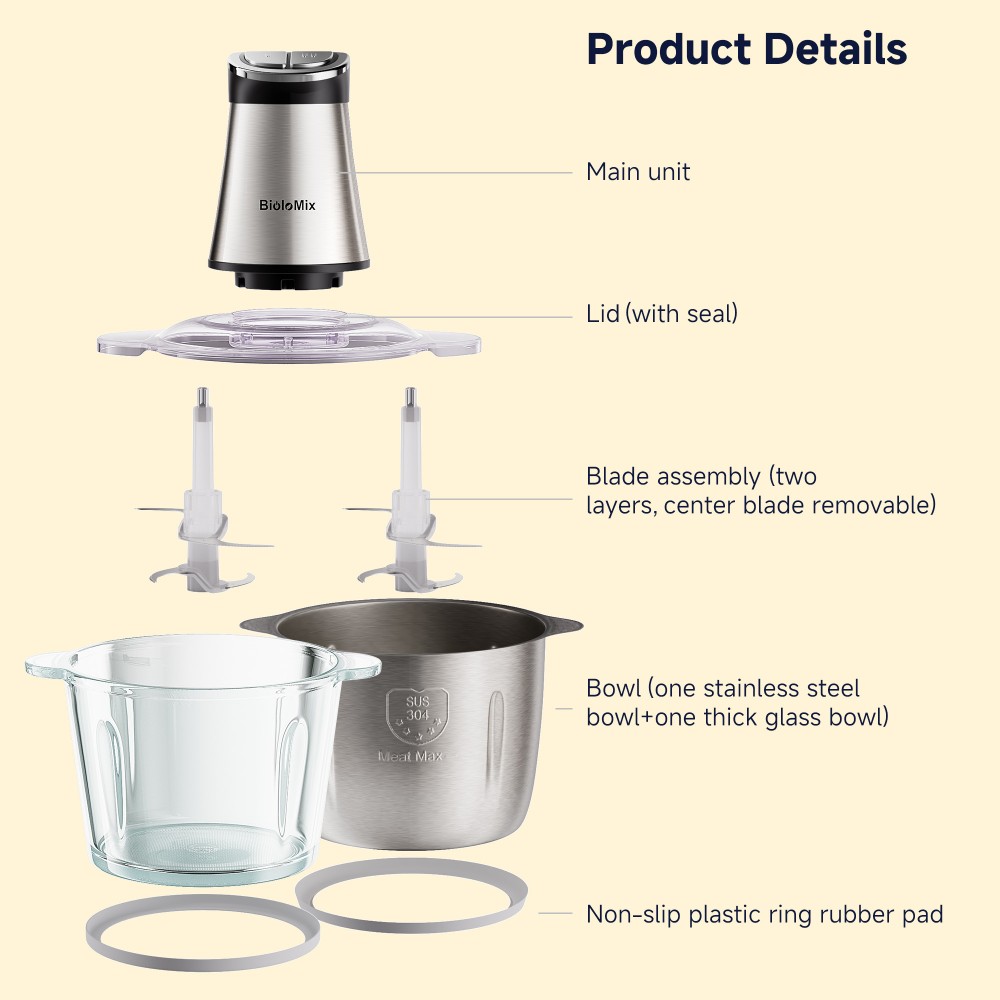Hachoir &eacute;lectrique BioloMix Mini, moteur puissant de 300 W, deux bols de 3 L, minuterie LED, acier inoxydable et verre, utilisation mains libres et compatible lave-vaisselle, hachoir et pur&eacute;e multifonctionnels