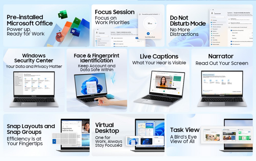 Blackview AceBook 8 Laptop, 15.6 inch 1920*1080 IPS Screen, Intel N150 4 Core Max 3.6GHz, 16GB RAM 512GB SSD, Dual-band WiFi Bluetooth 5.0, 2*USB 3.0 1*USB 2.0 1*USB-C 1*HDMI 2.0 1*Audio Jack 1*MicroSD Card Slot, 38Wh Battery 36W Charge