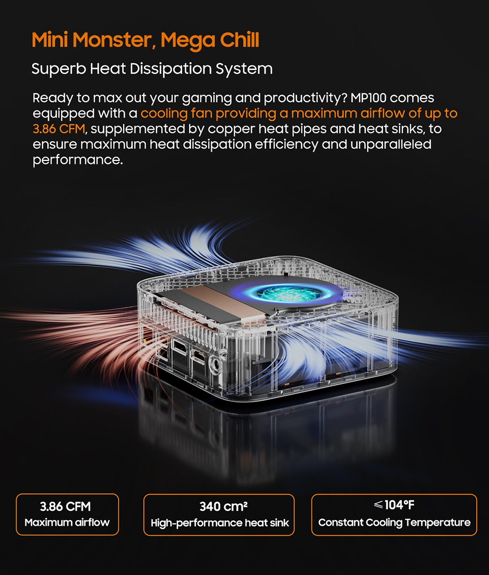 Blackview MP100 Mini-PC, AMD Ryzen 7 7430U 6 Kerne (max. 4,3 GHz), 16 GB RAM, 512 GB SSD, Triple-Display-Anschluss (DP + HDMI + USB-C), WLAN 6, Bluetooth 5.2, 2 x USB-C (vollwertig), 2 x USB 3.2, 1 x USB 2.0, 1 x RJ45, 1 x Audioanschluss