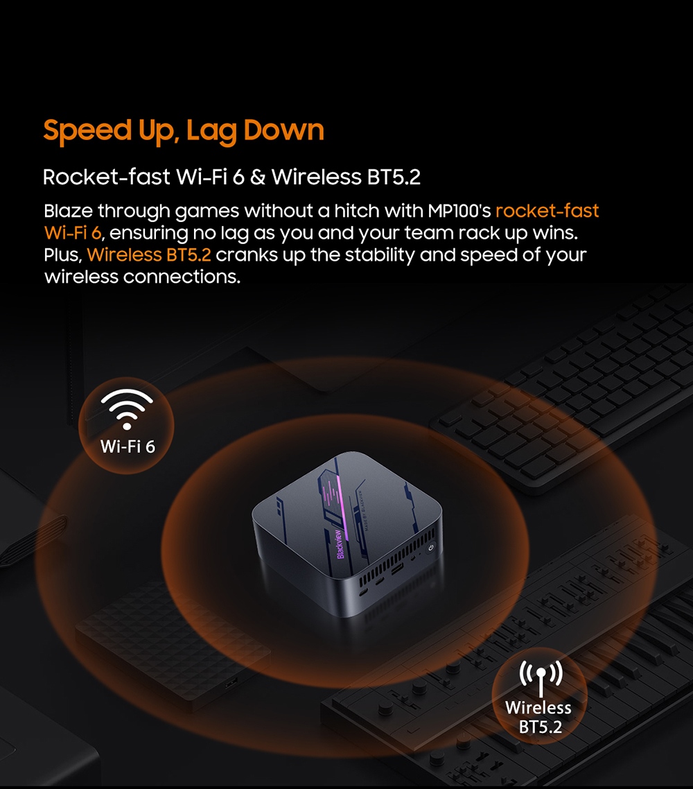 Blackview MP100 Mini-PC, AMD Ryzen 7 7430U 6 Kerne (max. 4,3 GHz), 16 GB RAM, 512 GB SSD, Triple-Display-Anschluss (DP + HDMI + USB-C), WLAN 6, Bluetooth 5.2, 2 x USB-C (vollwertig), 2 x USB 3.2, 1 x USB 2.0, 1 x RJ45, 1 x Audioanschluss