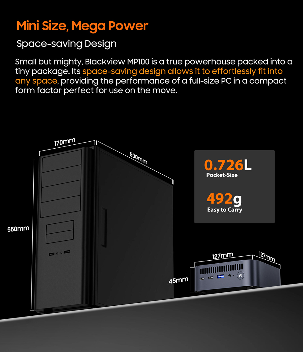 Blackview MP100 Mini-PC, AMD Ryzen 7 7430U 6 Kerne (max. 4,3 GHz), 16 GB RAM, 512 GB SSD, Triple-Display-Anschluss (DP + HDMI + USB-C), WLAN 6, Bluetooth 5.2, 2 x USB-C (vollwertig), 2 x USB 3.2, 1 x USB 2.0, 1 x RJ45, 1 x Audioanschluss
