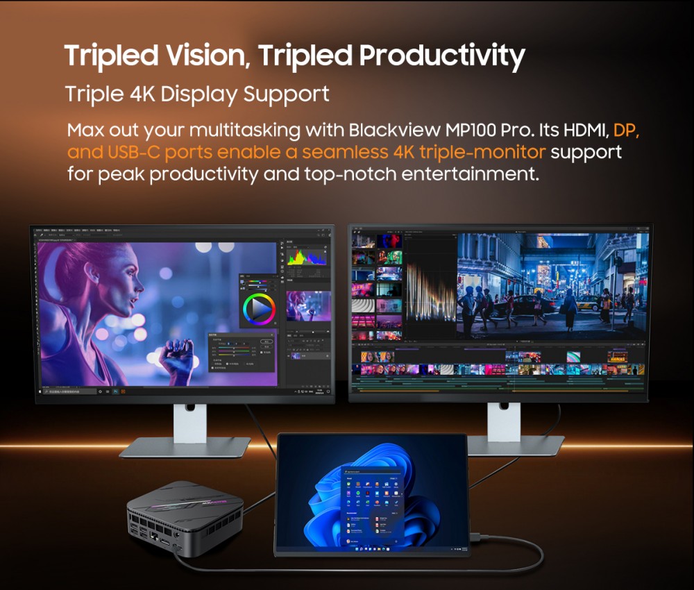 Blackview MP100 Pro Mini PC, Intel i9-12900HK 14 Cores Max 5.0GHz, 16GB RAM 1TB SSD, HDMI+DP+USB-C Triple 4K Display, WiFi 6 Bluetooth 5.2, 4*USB 3.2 Gen 1 Type-A, 2*USB 3.2 Gen 2 Type-A, 1*RJ45, 1*Audio Jack