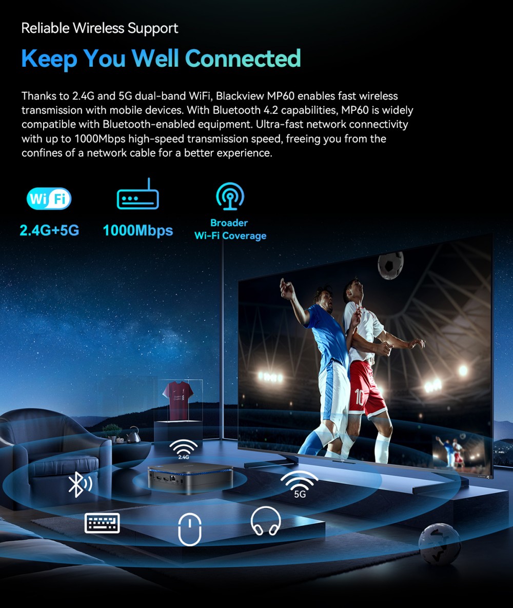 Blackview MP60 Mini PC, Intel N150 4 magos, max. 3,6 GHz, 16 GB RAM, 1 TB SSD, 2*HDMI dupla k&eacute;pernyős kijelző, 16 GB RAM, 1 TB SSD, k&eacute;ts&aacute;vos WiFi, Bluetooth 4.2, 2*USB2.0, 2*USB3.0, 1*RJ45, 1*Fejhallgat&oacute; csatlakoz&oacute;