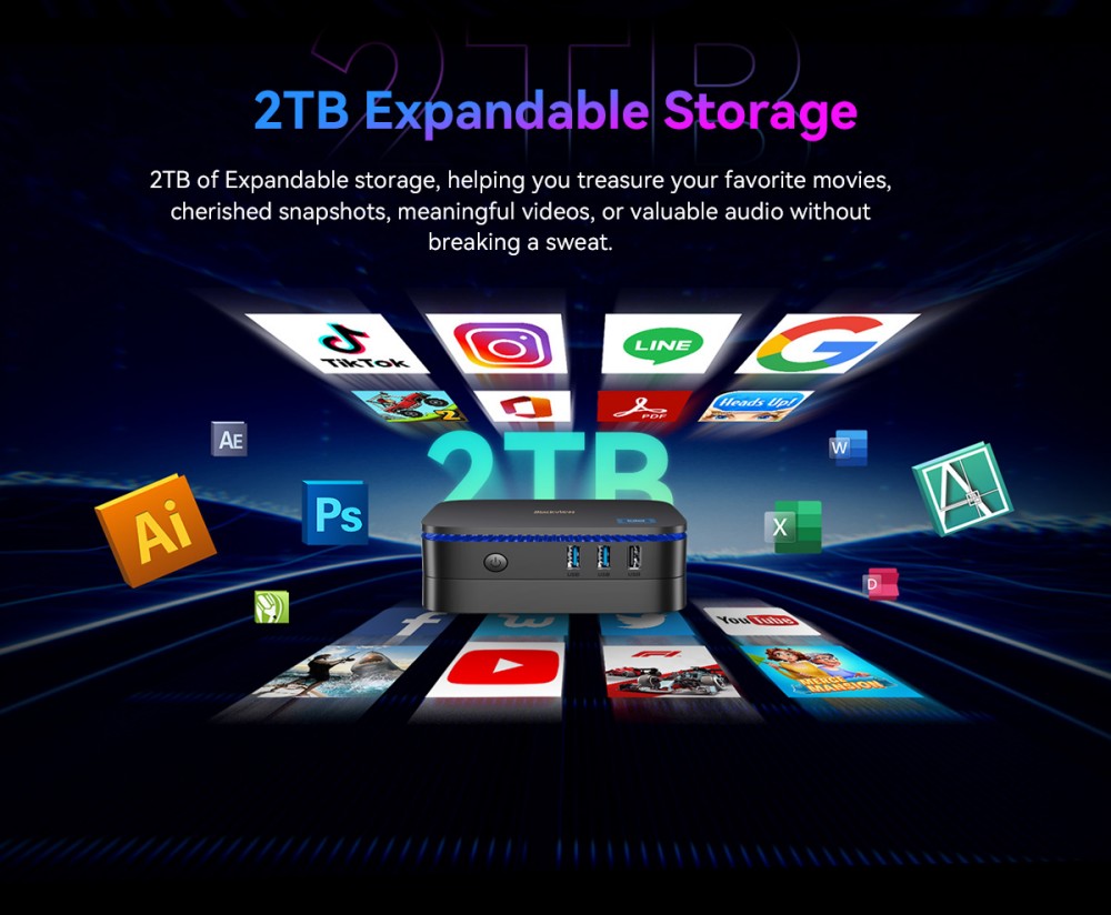 Blackview MP60 Mini PC, Intel N150 4 magos, max. 3,6 GHz, 16 GB RAM, 1 TB SSD, 2*HDMI dupla k&eacute;pernyős kijelző, 16 GB RAM, 1 TB SSD, k&eacute;ts&aacute;vos WiFi, Bluetooth 4.2, 2*USB2.0, 2*USB3.0, 1*RJ45, 1*Fejhallgat&oacute; csatlakoz&oacute;