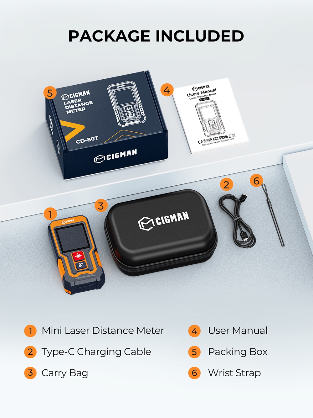CIGMAN CD-80T Pocket-Size Laser Tape Measure, 80m Range, ±2mm Accuracy, IP54 Waterproof , 20 Data Groups, Type-C Rechargeable Laser Distance Meter