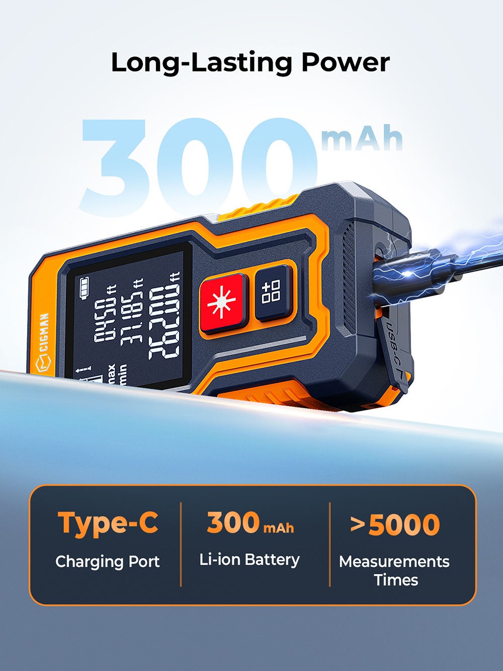 CIGMAN CD-80T Pocket-Size Laser Tape Measure, 80m Range, ±2mm Accuracy, IP54 Waterproof , 20 Data Groups, Type-C Rechargeable Laser Distance Meter