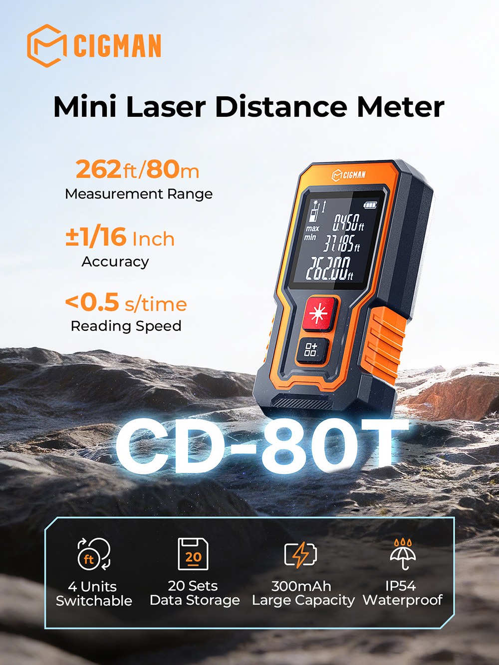 CIGMAN CD-80T Pocket-Size Laser Tape Measure, 80m Range, &plusmn;2mm Accuracy, IP54 Waterproof , 20 Data Groups, Type-C Rechargeable Laser Distance Meter