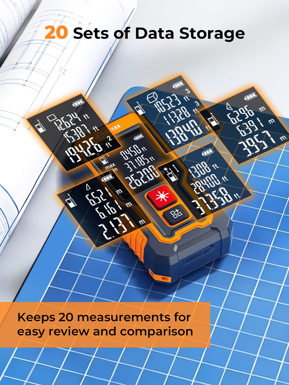 CIGMAN CD-80T Pocket-Size Laser Tape Measure, 80m Range, &plusmn;2mm Accuracy, IP54 Waterproof , 20 Data Groups, Type-C Rechargeable Laser Distance Meter