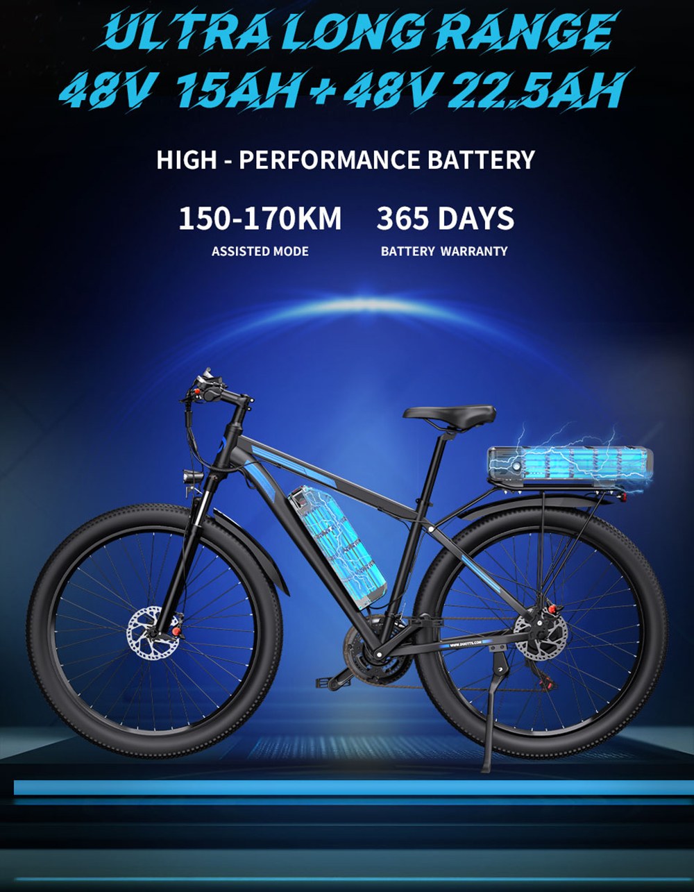 Elektrobicykel DUOTTS C29-K, 750W motor, 48V 15Ah+22.5Ah batéria, 29 palcové pneumatiky, max. rýchlosť 50km/h, max. dojazd 170km, hydraulické kotúčové brzdy, odpružená predná vidlica, Shimano 21 prevodov