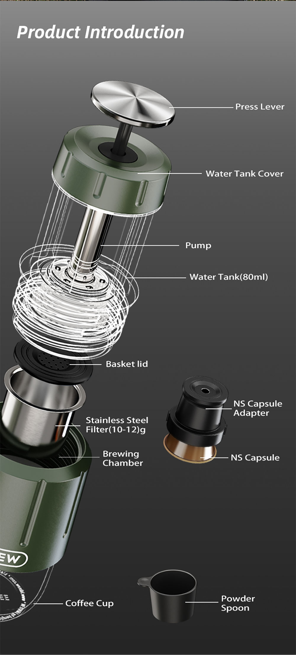 HiBREW H4D 2 az 1-ben Hordozható Espresso Készítő, Manuális Kézi Prés Kávé Kapszulákhoz és Őrölt Kávéhoz, Meleg/Hideg Kávéfőző Utazáshoz és Otthoni Használatra