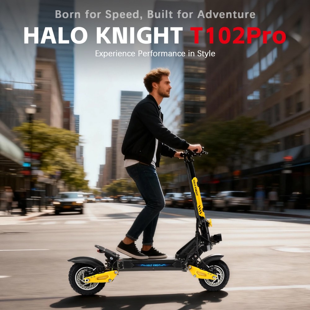 Halo Knight T102 Pro Electric Scooter, 1200W*2 Motor, 52V 28.8Ah batéria, 10 palcové pneumatiky, max. rýchlosť 65km/h, dojazd 58km, duálne hydraulické brzdy, duálne odpruženie
