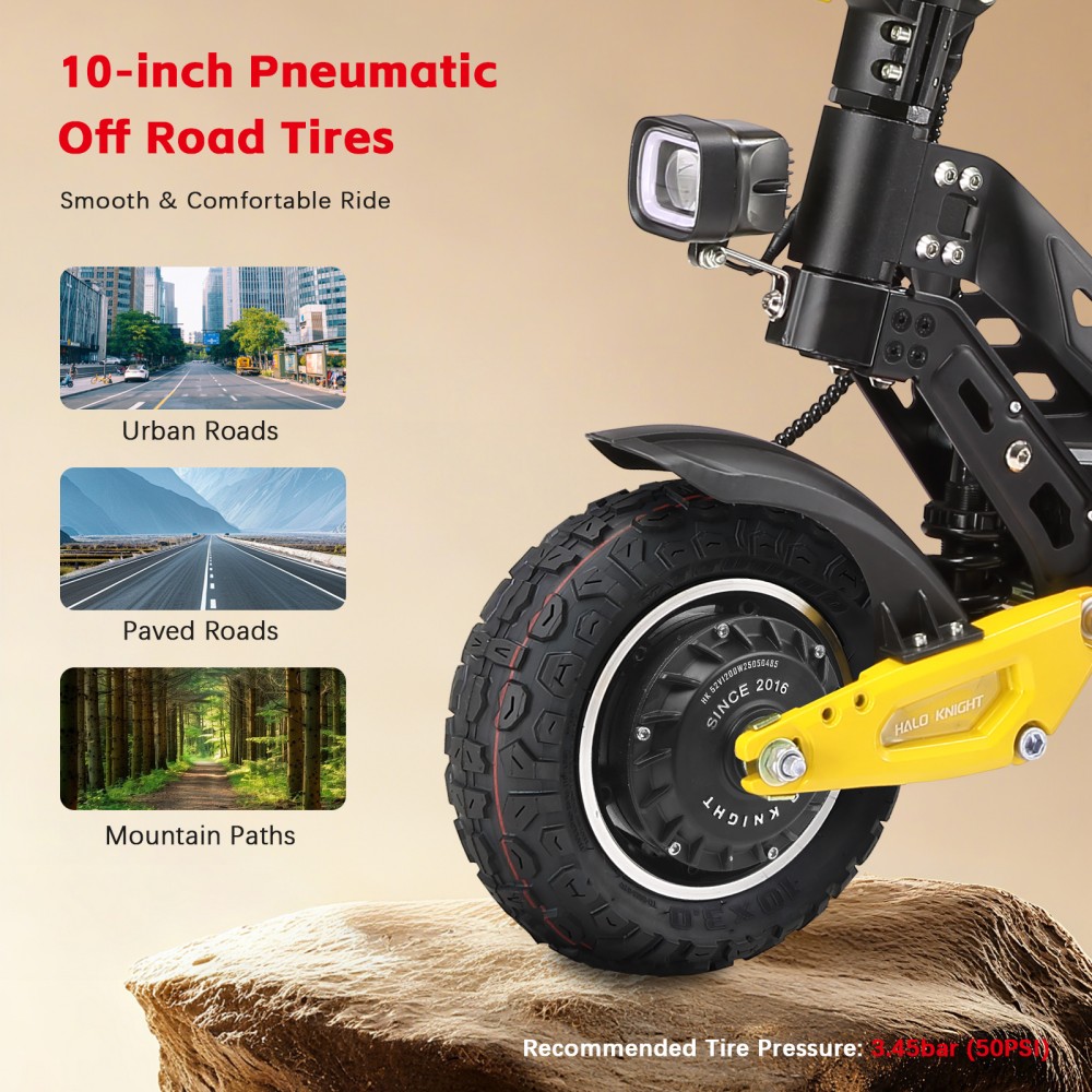 Halo Knight T102 Pro Electric Scooter, 1200W*2 Motor, 52V 28.8Ah batéria, 10 palcové pneumatiky, max. rýchlosť 65km/h, dojazd 58km, duálne hydraulické brzdy, duálne odpruženie