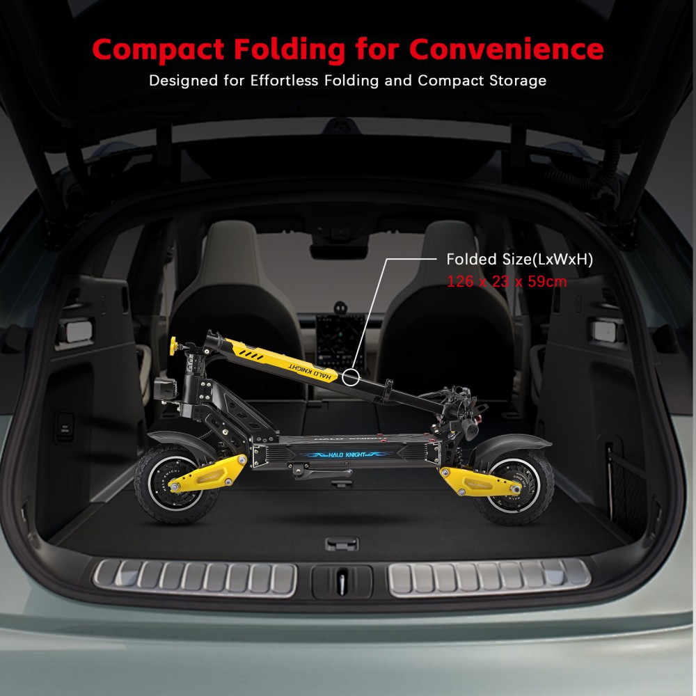 Halo Knight T102 Pro Electric Scooter, 1200W*2 Motor, 52V 28.8Ah batéria, 10 palcové pneumatiky, max. rýchlosť 65km/h, dojazd 58km, duálne hydraulické brzdy, duálne odpruženie