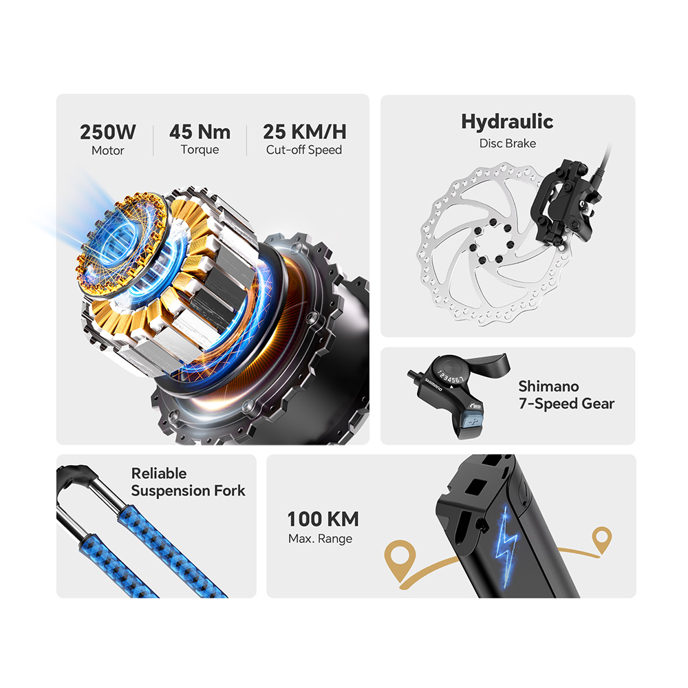 Touroll J2 ST Pro Elektrofahrrad, 250-W-Motor, 36-V-15,6-Ah-Akku, 26-Zoll-Reifen, 25 km/h H&ouml;chstgeschwindigkeit, 100 km Reichweite, hydraulische Scheibenbremse, Federgabel vorne