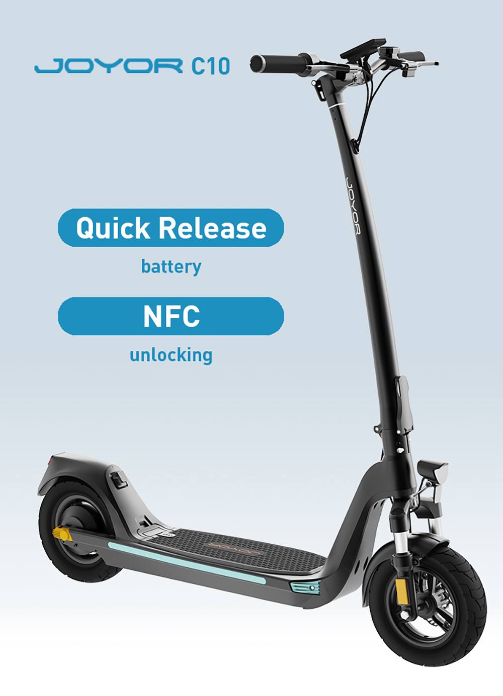 Joyor C10 DGT Electric Scooter, 500W Motor, 48V 10.4Ah batéria, 10 palcové pneumatiky, max. rýchlosť 25km/h, dojazd 40km, predná & zadná kotúčová brzda, dvojité predné odpruženie, NFC odomykanie