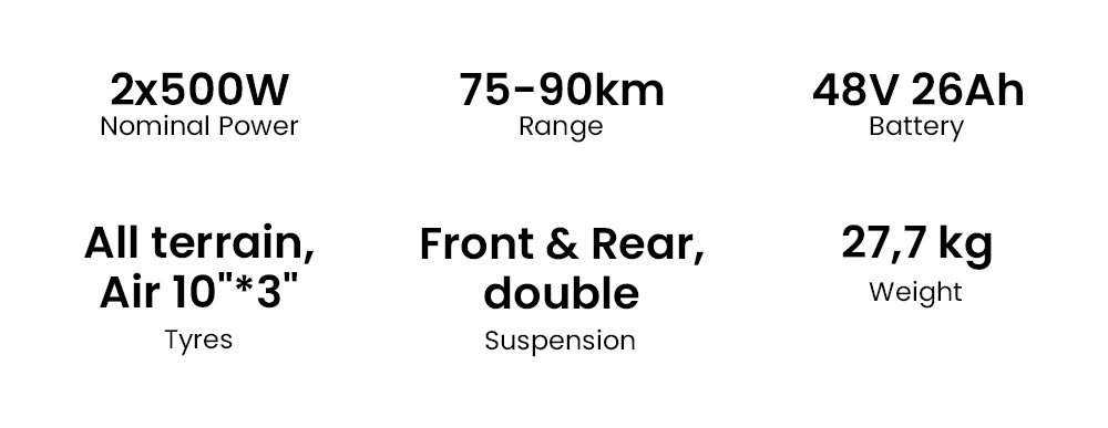 Joyor S-PRO DGT Electric Scooter, 800W*2 motor, 48V 26Ah batéria, 10 palcové pneumatiky, max. rýchlosť 25 km/h, dojazd 90 km, hydraulické kotúčové brzdy, dvojité predné a zadné odpruženie