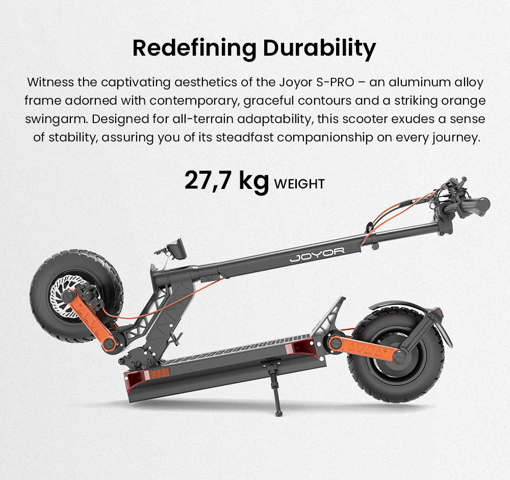 Joyor S-PRO DGT Electric Scooter, 800W*2 motor, 48V 26Ah batéria, 10 palcové pneumatiky, max. rýchlosť 25 km/h, dojazd 90 km, hydraulické kotúčové brzdy, dvojité predné a zadné odpruženie