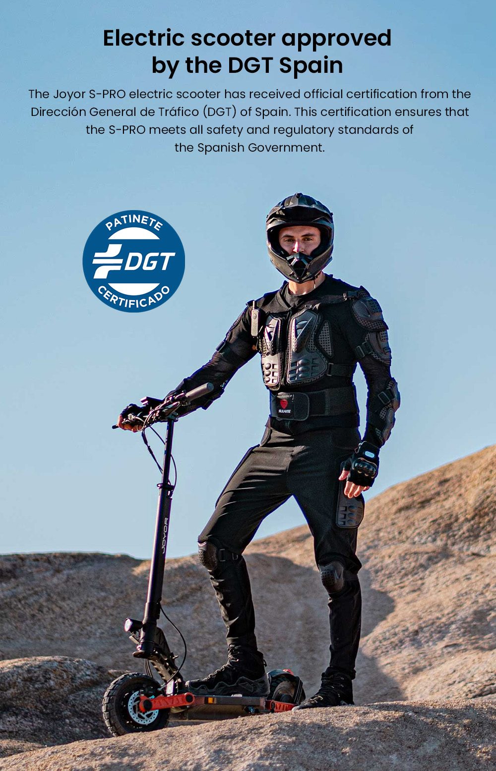 Joyor S-PRO DGT Electric Scooter, 800W*2 motor, 48V 26Ah batéria, 10 palcové pneumatiky, max. rýchlosť 25 km/h, dojazd 90 km, hydraulické kotúčové brzdy, dvojité predné a zadné odpruženie