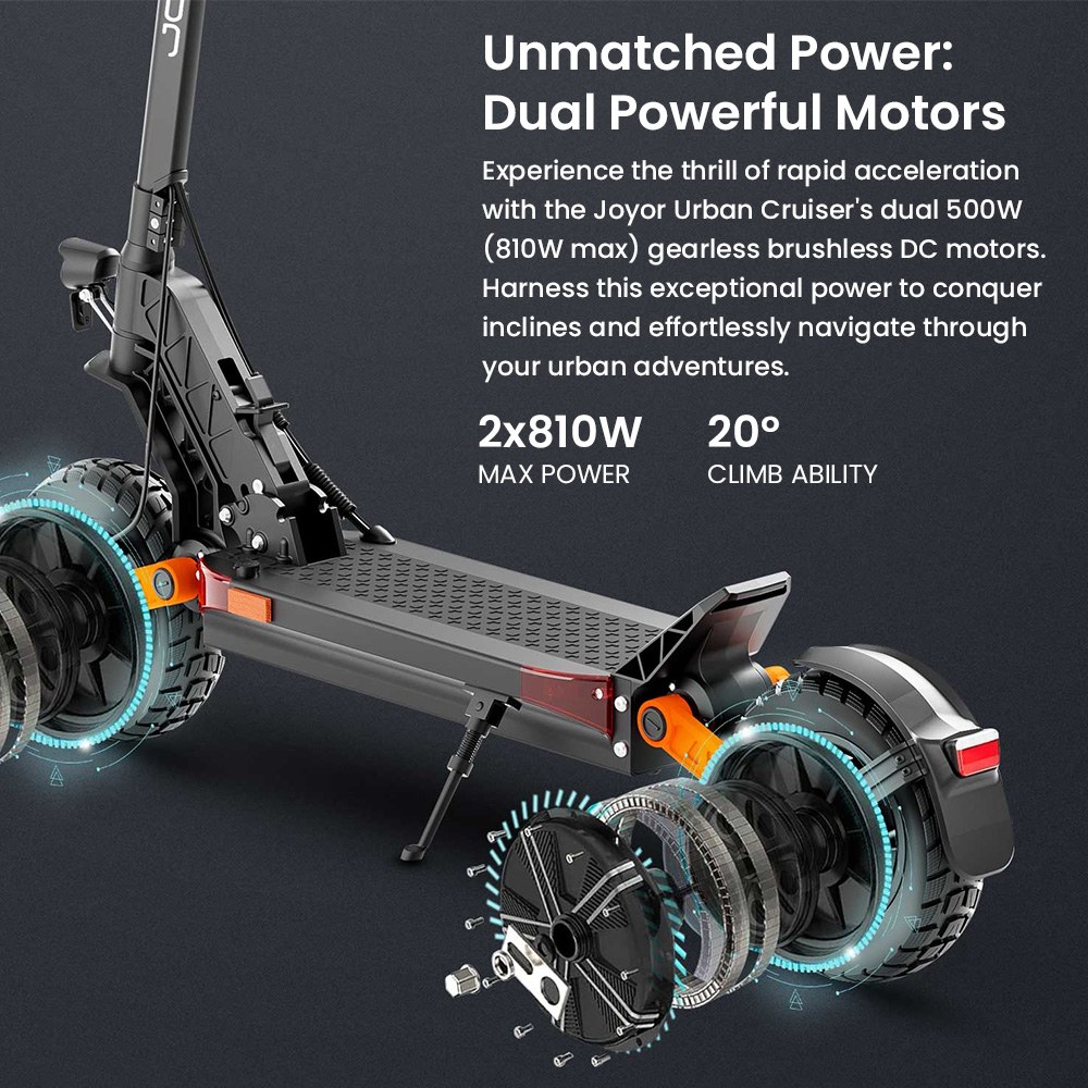 Joyor S-PRO DGT Electric Scooter, 800W*2 motor, 48V 26Ah batéria, 10 palcové pneumatiky, max. rýchlosť 25 km/h, dojazd 90 km, hydraulické kotúčové brzdy, dvojité predné a zadné odpruženie