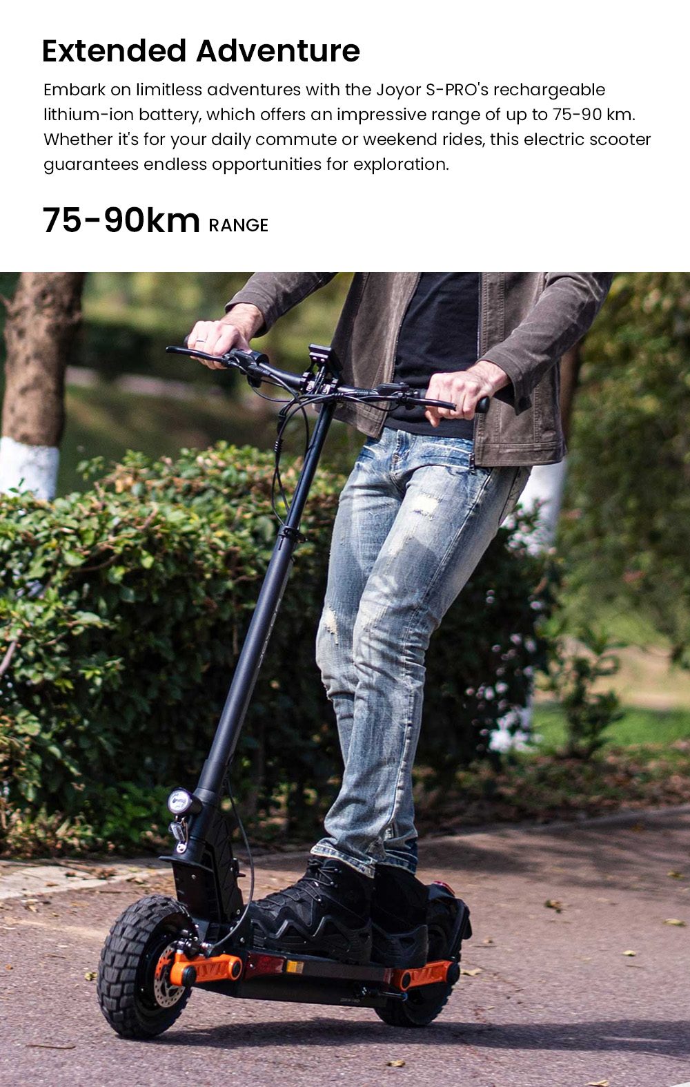 Joyor S-PRO DGT Electric Scooter, 800W*2 motor, 48V 26Ah batéria, 10 palcové pneumatiky, max. rýchlosť 25 km/h, dojazd 90 km, hydraulické kotúčové brzdy, dvojité predné a zadné odpruženie
