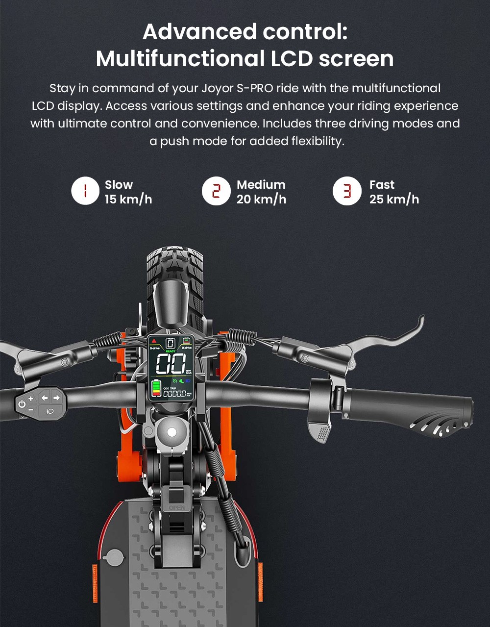 Joyor S-PRO DGT Electric Scooter, 800W*2 motor, 48V 26Ah batéria, 10 palcové pneumatiky, max. rýchlosť 25 km/h, dojazd 90 km, hydraulické kotúčové brzdy, dvojité predné a zadné odpruženie