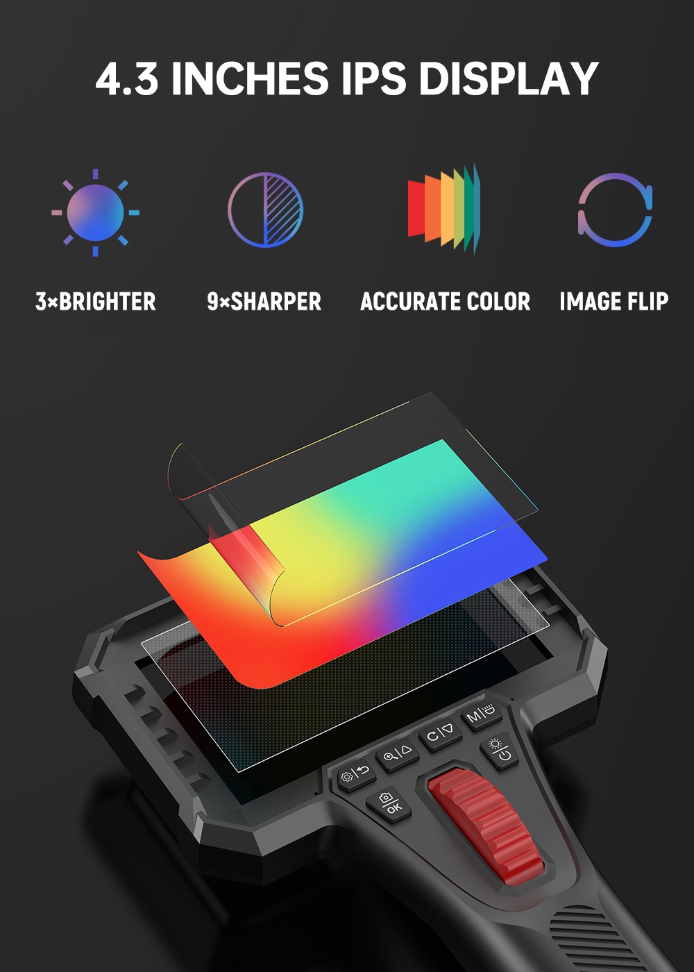 KAIWEETS KBA02 Two-Way Articulating Borescope Camera, 6.5mm Probe, 210&deg; Turning, 4.3'' IPS 1080P, IP67 Waterproof, 3000mAh Battery, 1.6m Cable