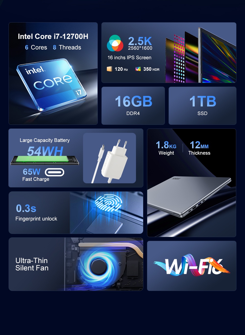Ordinateur portable Ninkear N16 Pro, &eacute;cran IPS 16 pouces (2560 x 1600) 120 Hz, processeur Intel Core i7-12700H 6 c&oelig;urs (4,7 GHz max.), 16 Go de RAM, SSD 1 To, Wi-Fi 6, Bluetooth 5.2, d&eacute;verrouillage par empreinte digitale, batterie 5000 mAh, 2 ports USB-C, 3 ports USB 3.0, 1 port HDMI, 1 lecteur de carte microSD, 1 prise audio