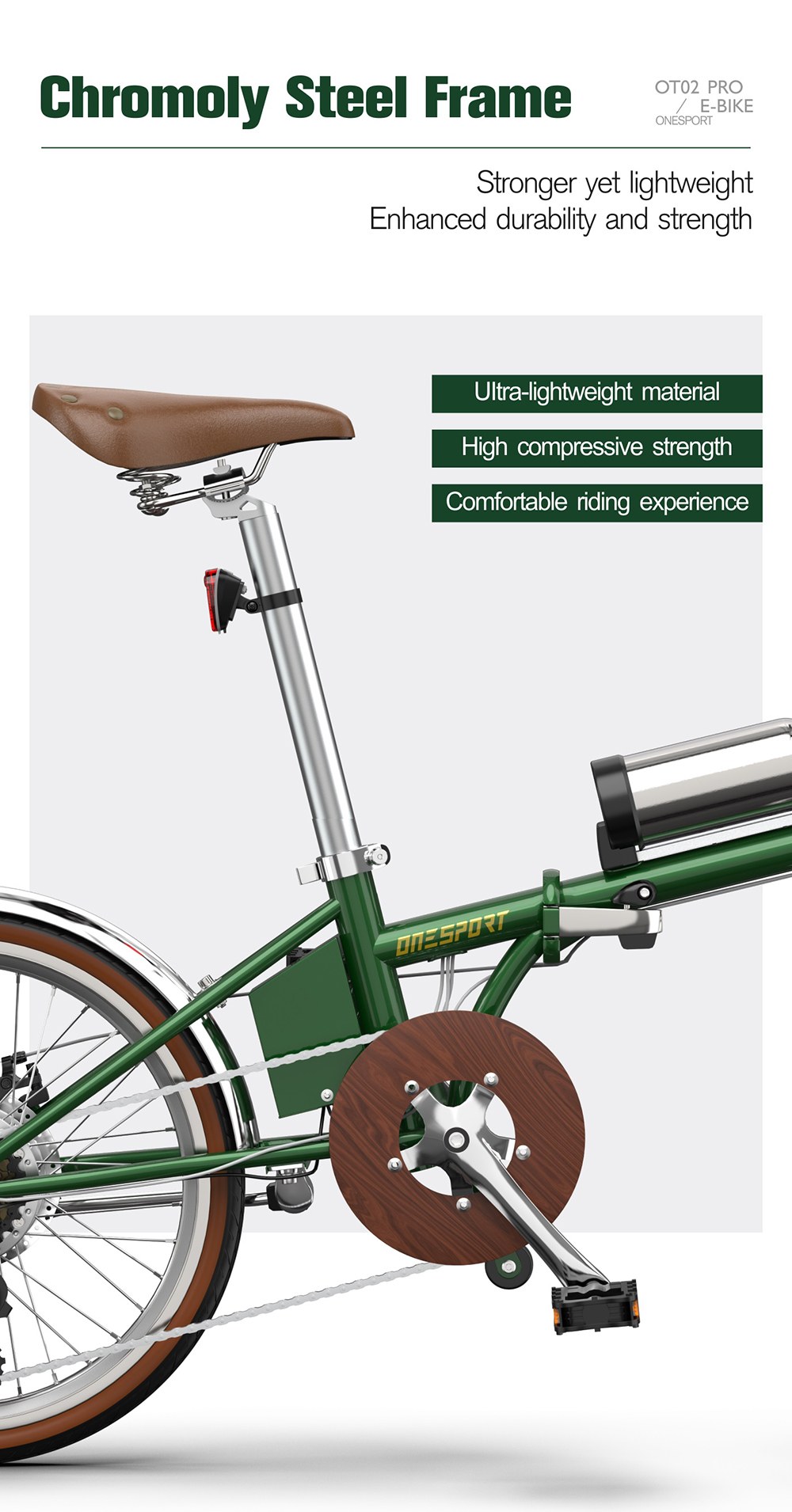 V&eacute;lo &eacute;lectrique pliant ONESPORT OT02 Pro, moteur 250 W, batterie 36 V 5,2 Ah, pneus 20 pouces, vitesse maximale 25 km/h, autonomie 25 km, freins &agrave; disque m&eacute;caniques, transmission Shimano 7 vitesses - Vert