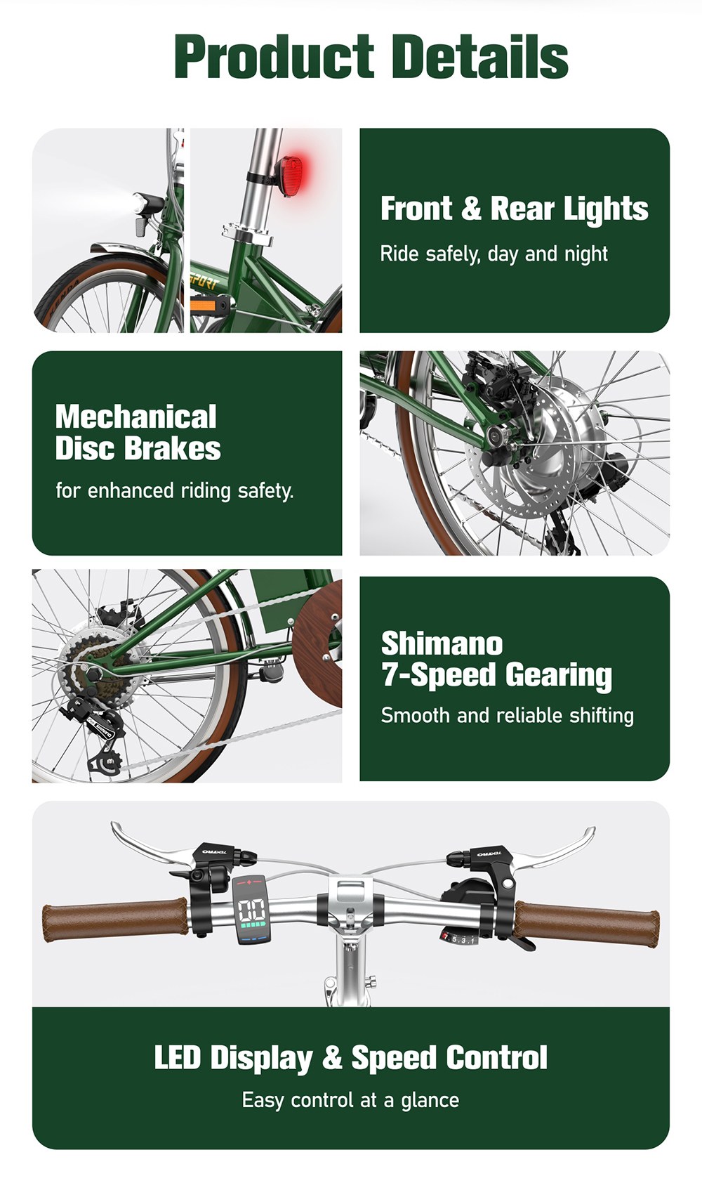 V&eacute;lo &eacute;lectrique pliant ONESPORT OT02 Pro, moteur 250 W, batterie 36 V 5,2 Ah, pneus 20 pouces, vitesse maximale 25 km/h, autonomie 25 km, freins &agrave; disque m&eacute;caniques, transmission Shimano 7 vitesses - Vert