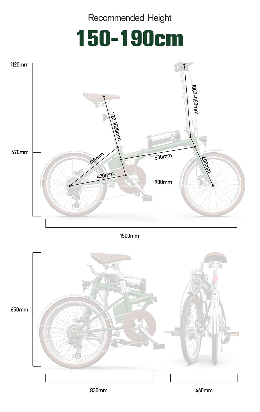 V&eacute;lo &eacute;lectrique pliant ONESPORT OT02 Pro, moteur 250 W, batterie 36 V 5,2 Ah, pneus 20 pouces, vitesse maximale 25 km/h, autonomie 25 km, freins &agrave; disque m&eacute;caniques, transmission Shimano 7 vitesses - Vert