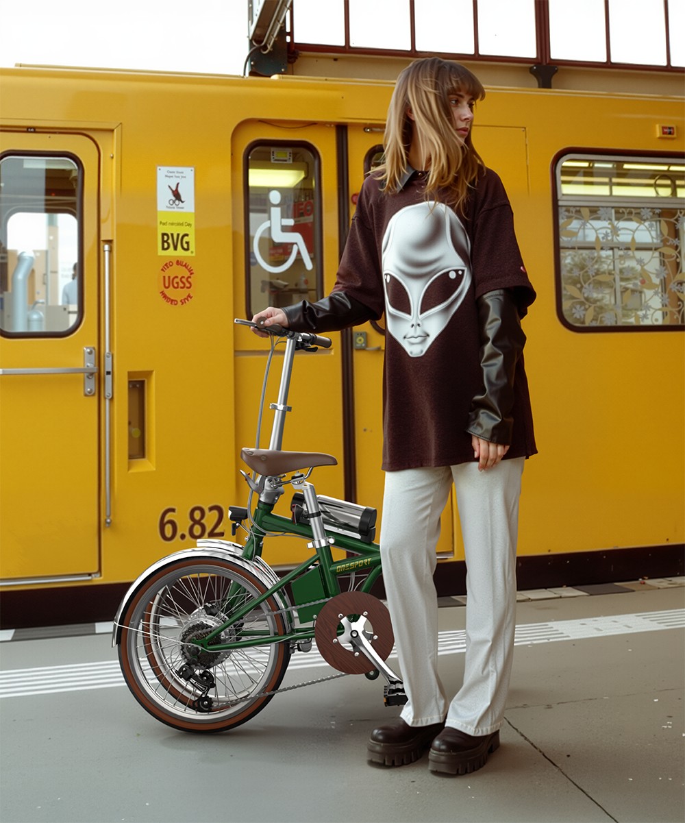 V&eacute;lo &eacute;lectrique pliant ONESPORT OT02 Pro, moteur 250 W, batterie 36 V 5,2 Ah, pneus 20 pouces, vitesse maximale 25 km/h, autonomie 25 km, freins &agrave; disque m&eacute;caniques, transmission Shimano 7 vitesses - Vert