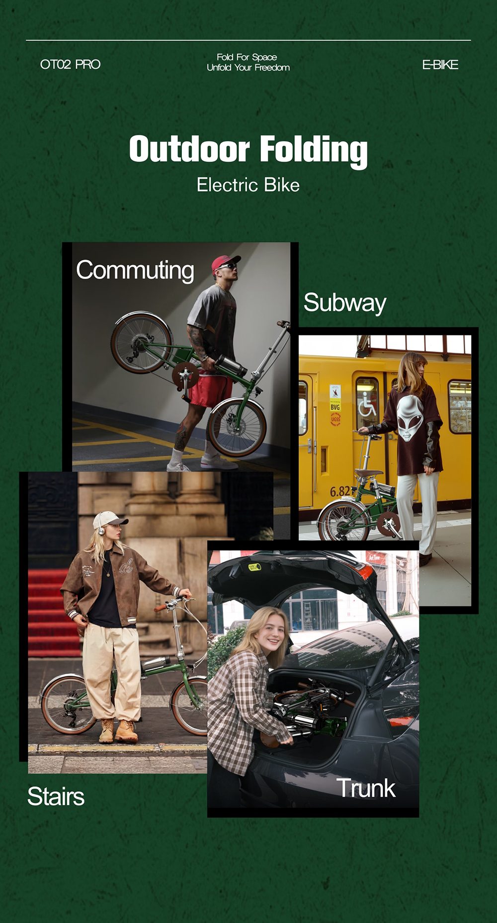 V&eacute;lo &eacute;lectrique pliant ONESPORT OT02 Pro, moteur 250 W, batterie 36 V 5,2 Ah, pneus 20 pouces, vitesse maximale 25 km/h, autonomie 25 km, freins &agrave; disque m&eacute;caniques, transmission Shimano 7 vitesses - Vert