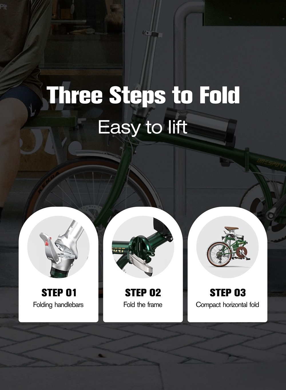 V&eacute;lo &eacute;lectrique pliant ONESPORT OT02 Pro, moteur 250 W, batterie 36 V 5,2 Ah, pneus 20 pouces, vitesse maximale 25 km/h, autonomie 25 km, freins &agrave; disque m&eacute;caniques, transmission Shimano 7 vitesses - Vert