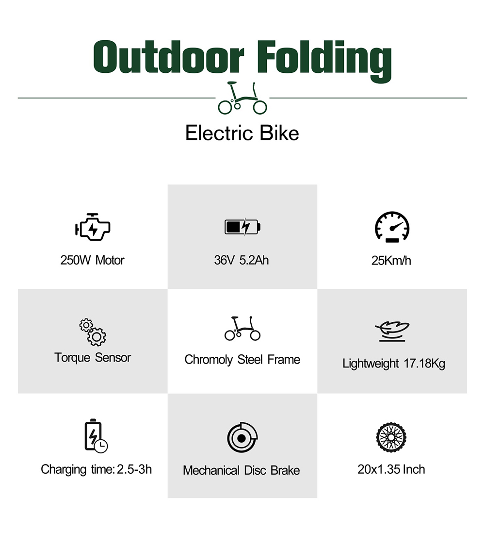 V&eacute;lo &eacute;lectrique pliant ONESPORT OT02 Pro, moteur 250 W, batterie 36 V 5,2 Ah, pneus 20 pouces, vitesse maximale 25 km/h, autonomie 25 km, freins &agrave; disque m&eacute;caniques, transmission Shimano 7 vitesses - Vert