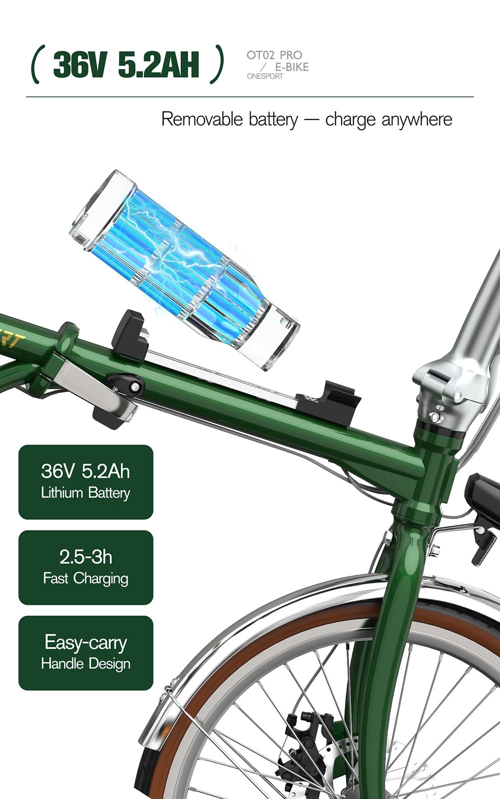 V&eacute;lo &eacute;lectrique pliant ONESPORT OT02 Pro, moteur 250 W, batterie 36 V 5,2 Ah, pneus 20 pouces, vitesse maximale 25 km/h, autonomie 25 km, freins &agrave; disque m&eacute;caniques, transmission Shimano 7 vitesses - Vert