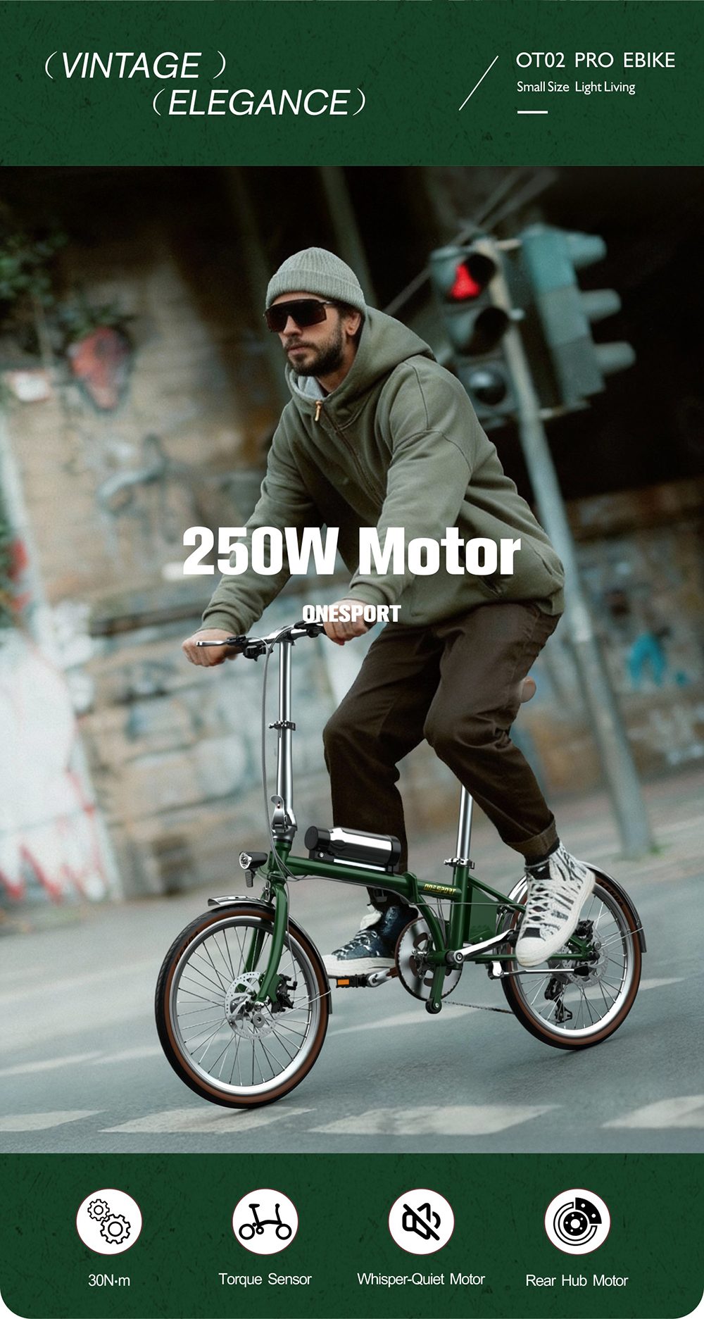 V&eacute;lo &eacute;lectrique pliant ONESPORT OT02 Pro, moteur 250 W, batterie 36 V 5,2 Ah, pneus 20 pouces, vitesse maximale 25 km/h, autonomie 25 km, freins &agrave; disque m&eacute;caniques, transmission Shimano 7 vitesses - Vert