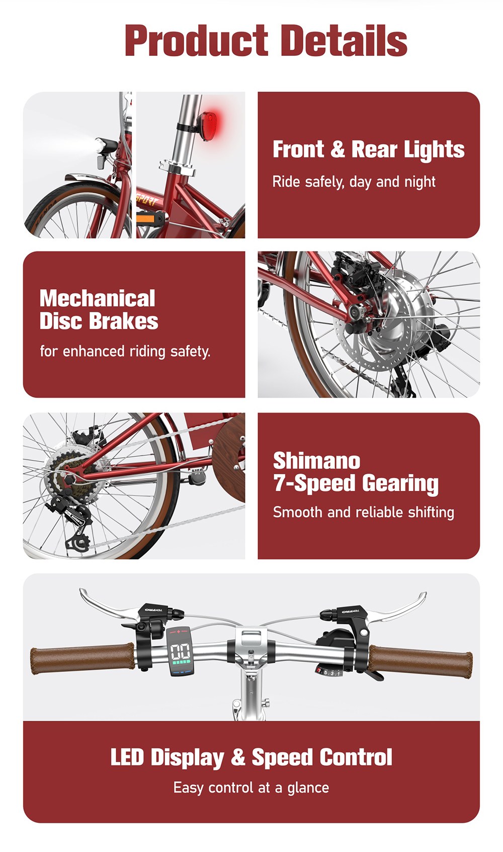 ONESPORT OT02 Pro Falt-Elektrofahrrad, 250-W-Motor, 36-V-5,2-Ah-Akku, 20-Zoll-Reifen, 25 km/h H&ouml;chstgeschwindigkeit, 25 km Reichweite, mechanische Scheibenbremse, Shimano 7-Gang-Schaltung &ndash; Rot