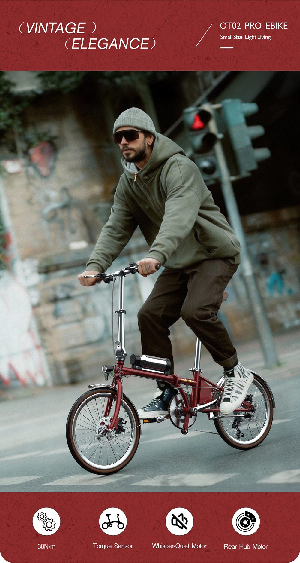 ONESPORT OT02 Pro Falt-Elektrofahrrad, 250-W-Motor, 36-V-5,2-Ah-Akku, 20-Zoll-Reifen, 25 km/h H&ouml;chstgeschwindigkeit, 25 km Reichweite, mechanische Scheibenbremse, Shimano 7-Gang-Schaltung &ndash; Rot