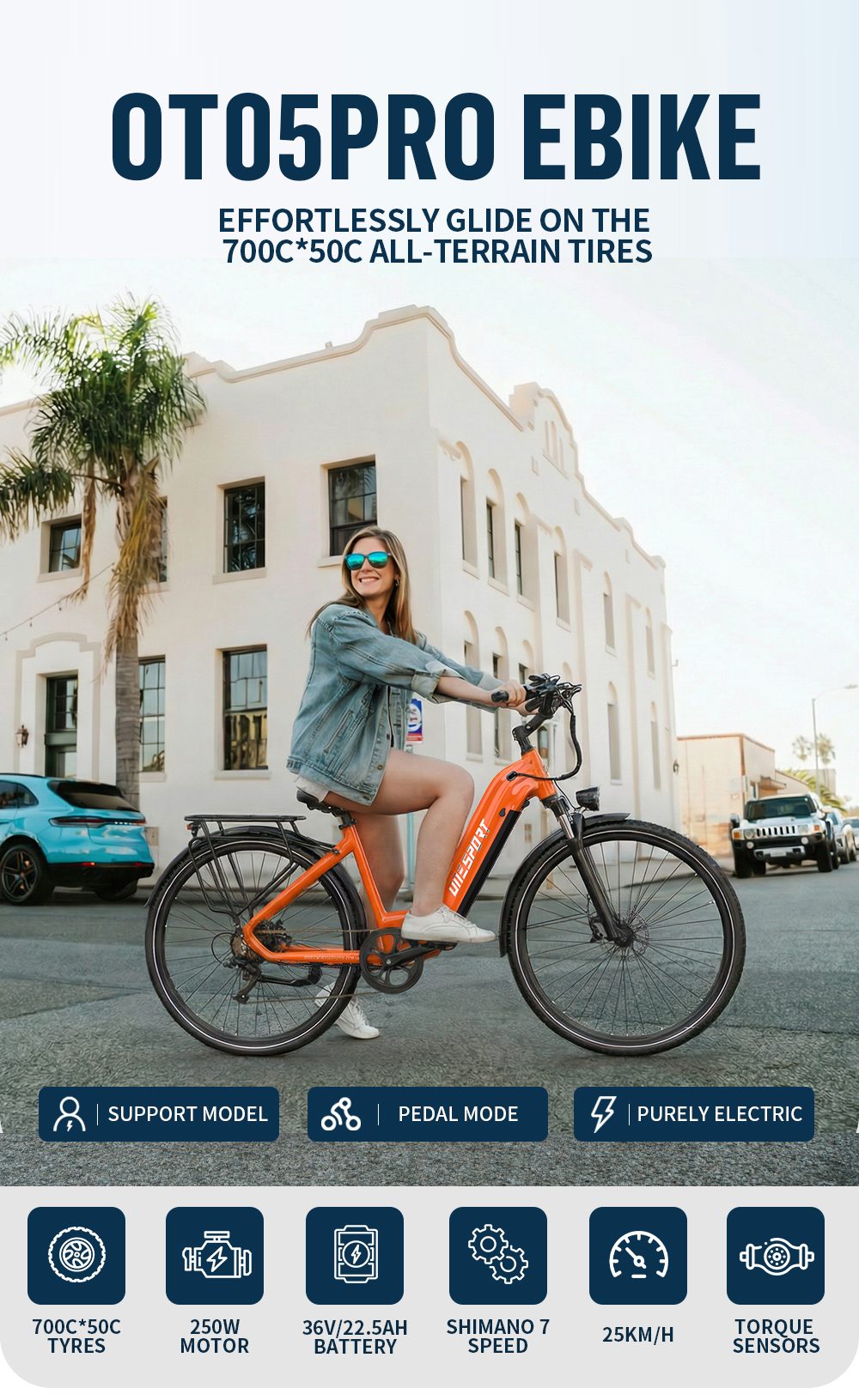 ONESPORT OT05 Pro Electric Bike, 250W Motor, 36V 22.5Ah batéria, pneumatiky 700*50C, max. rýchlosť 25km/h, dojazd 140km, hydraulické kotúčové brzdy, predná odpružená vidlica, Shimano 7 rýchlostí - oranžová