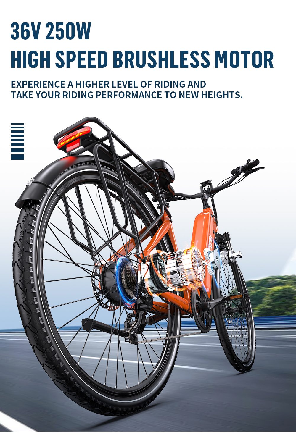 ONESPORT OT05 Pro Electric Bike, 250W Motor, 36V 22.5Ah batéria, pneumatiky 700*50C, max. rýchlosť 25km/h, dojazd 140km, hydraulické kotúčové brzdy, predná odpružená vidlica, Shimano 7 rýchlostí - oranžová