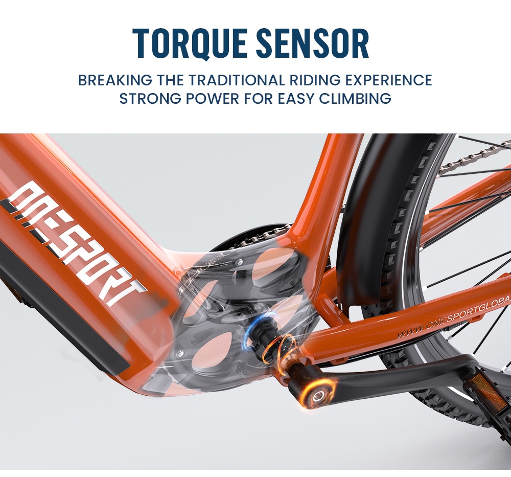 ONESPORT OT05 Pro Electric Bike, 250W motor, 36V 22.5Ah batéria, pneumatiky 700*50C, max. rýchlosť 25km/h, dojazd 140km, hydraulické kotúčové brzdy, predná odpružená vidlica, Shimano 7 rýchlostí - oranžová