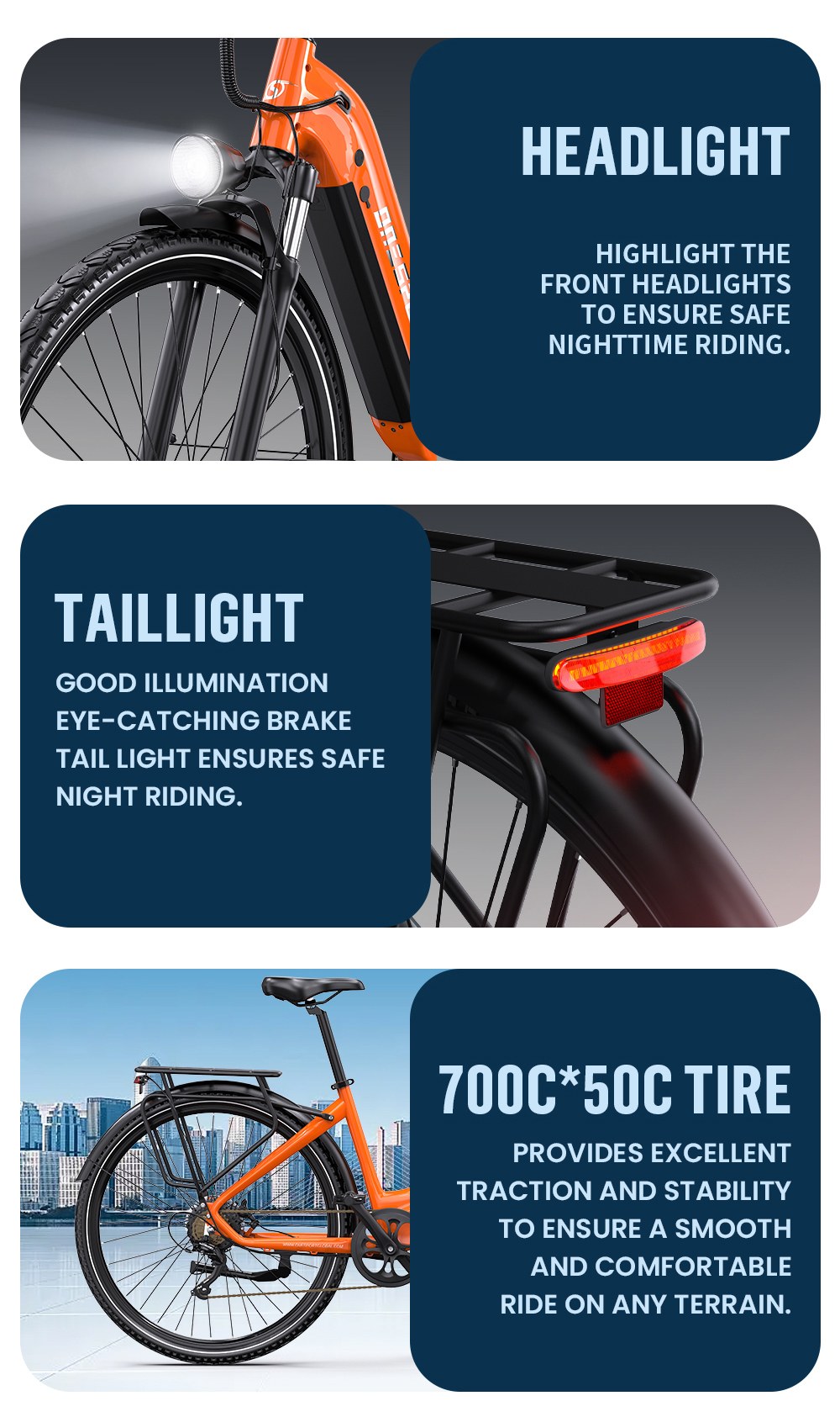 ONESPORT OT05 Pro Electric Bike, 250W Motor, 36V 22.5Ah batéria, pneumatiky 700*50C, max. rýchlosť 25km/h, dojazd 140km, hydraulické kotúčové brzdy, predná odpružená vidlica, Shimano 7 rýchlostí - oranžová