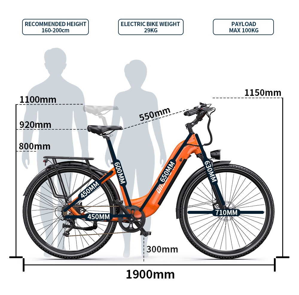 ONESPORT OT05 Pro Electric Bike, 250W Motor, 36V 22.5Ah batéria, pneumatiky 700*50C, max. rýchlosť 25km/h, dojazd 140km, hydraulické kotúčové brzdy, predná odpružená vidlica, Shimano 7 rýchlostí - oranžová