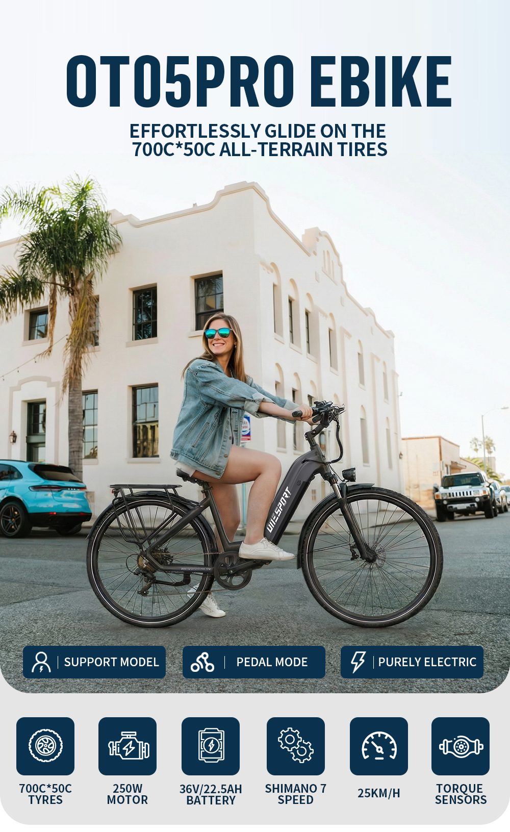 ONESPORT OT05 Pro Elektrofahrrad, 250W Motor, 36V 22,5Ah Batterie, 700*50C Reifen, 25 km/h H&ouml;chstgeschwindigkeit, 140 km Reichweite, hydraulische Scheibenbremsen, Vorderradaufh&auml;ngung, Shimano 7-Gang-Schaltung &ndash; Tech Grau