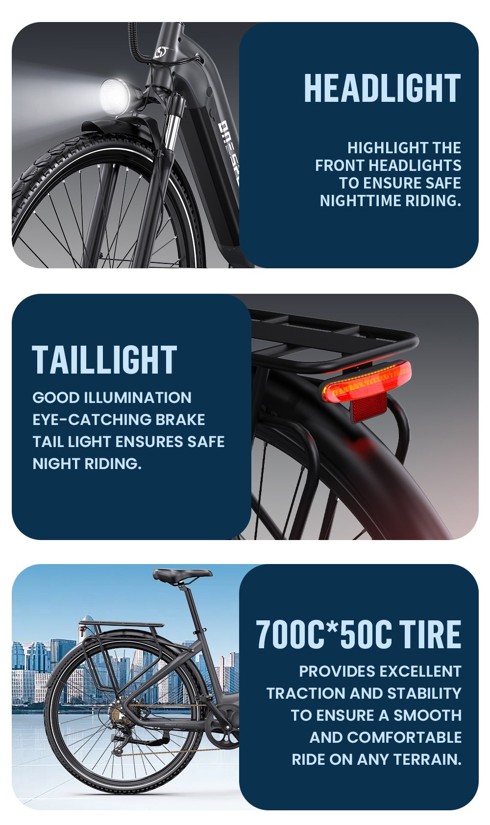 ONESPORT OT05 Pro Elektrofahrrad, 250W Motor, 36V 22,5Ah Batterie, 700*50C Reifen, 25 km/h H&ouml;chstgeschwindigkeit, 140 km Reichweite, hydraulische Scheibenbremsen, Vorderradaufh&auml;ngung, Shimano 7-Gang-Schaltung &ndash; Tech Grau