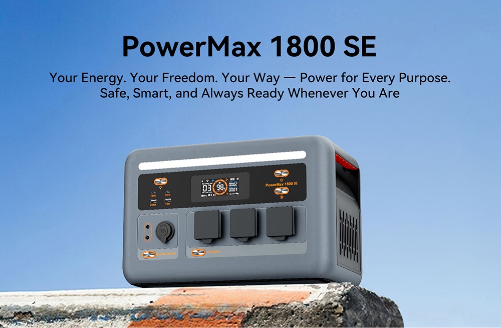 Prenosná napájacia stanica Oscal PowerMax 1800 SE, 1024Wh LiFePO₄ batéria, 1800W menovitý výkon / 3600W prepätie, 10 výstupov, 800W solárne napájanie & amp; 700W rýchle nabíjanie striedavým prúdom, 0.01s UPS, čistá sínusová vlna striedavého prúdu pre vonkajšie & amp; domáce zálohovanie