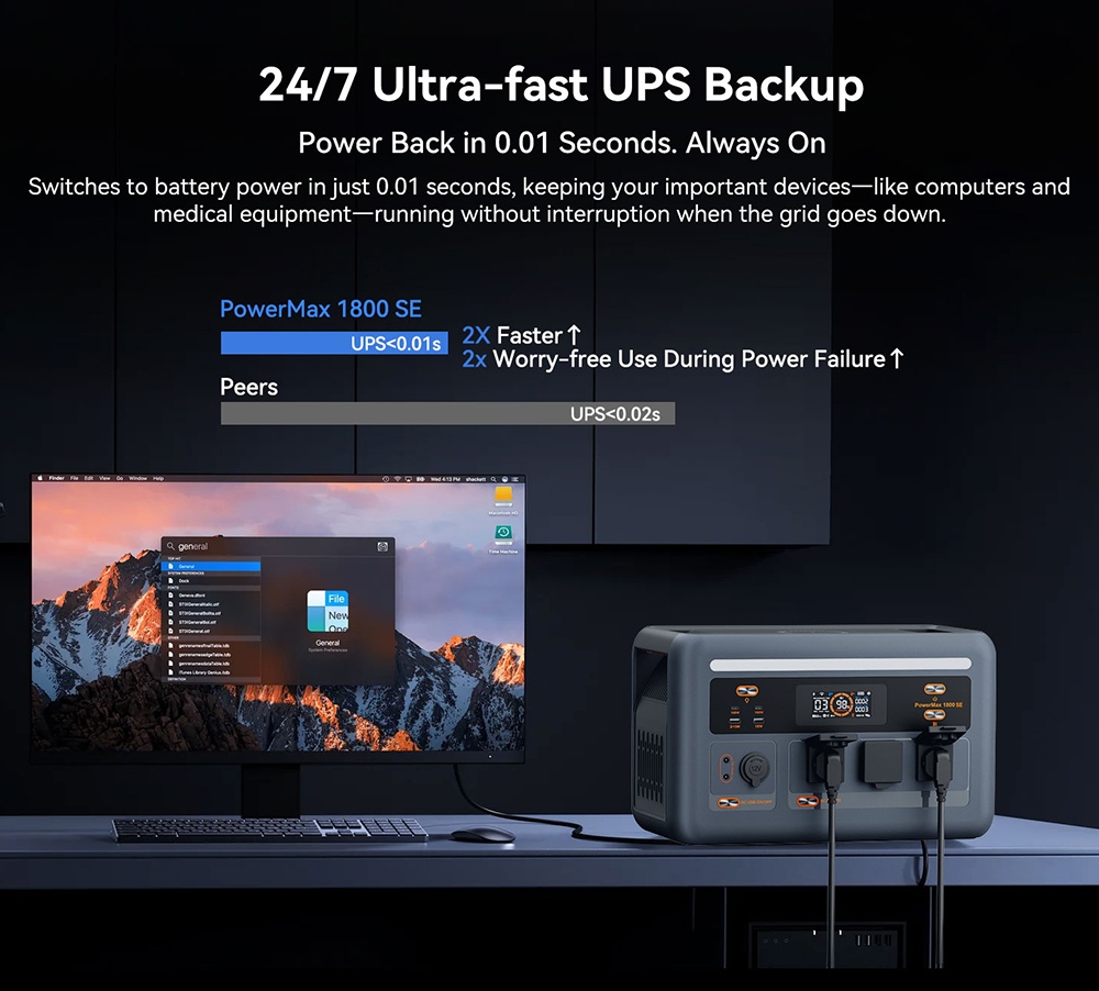 Prenosná napájacia stanica Oscal PowerMax 1800 SE, 1024Wh LiFePO₄ batéria, 1800W menovitý výkon / 3600W prepätie, 10 výstupov, 800W solárne napájanie & 700W rýchle nabíjanie striedavým prúdom, 0.01s UPS, čistá sínusová vlna striedavého prúdu pre vonkajšie & amp; domáce zálohovanie