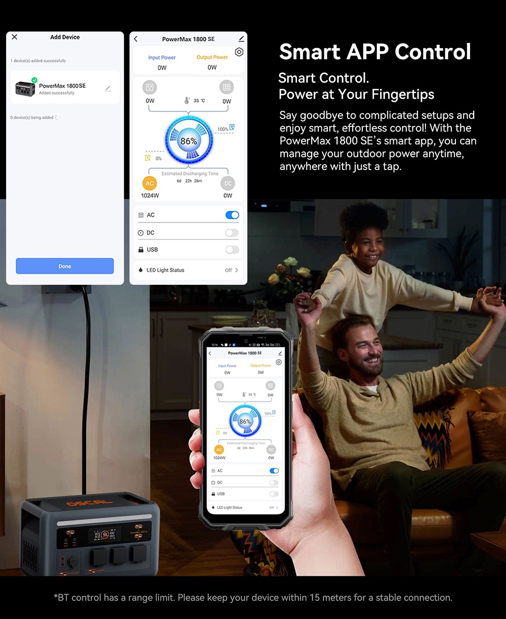 Prenosná napájacia stanica Oscal PowerMax 1800 SE, 1024Wh LiFePO₄ batéria, 1800W menovitý výkon / 3600W prepätie, 10 výstupov, 800W solárne napájanie & amp; 700W rýchle nabíjanie striedavým prúdom, 0.01s UPS, čistá sínusová vlna striedavého prúdu pre vonkajšie & amp; domáce zálohovanie