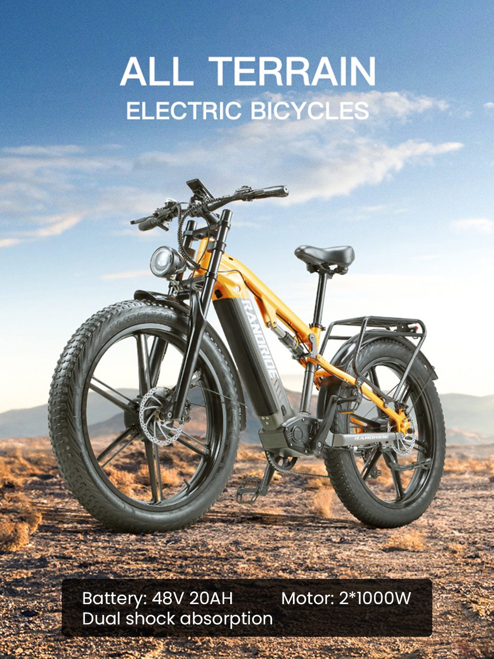 RANDRIDE YX80M-2 Electric Bike, 1000W*2 Motor, 48V 20Ah Battery, 26*4.0 palcové pneumatiky, max. rýchlosť 45 km/h, dvojkotúčové brzdy, plné odpruženie, 7-rýchlostný prevod Shimano